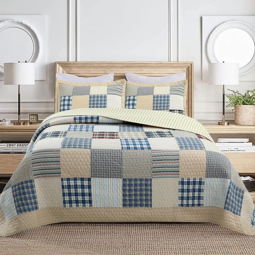 Cozy Line Tattersall Blue Tan Tartan Plaid Patchwork 3 Piece Quilt Bedding Set
