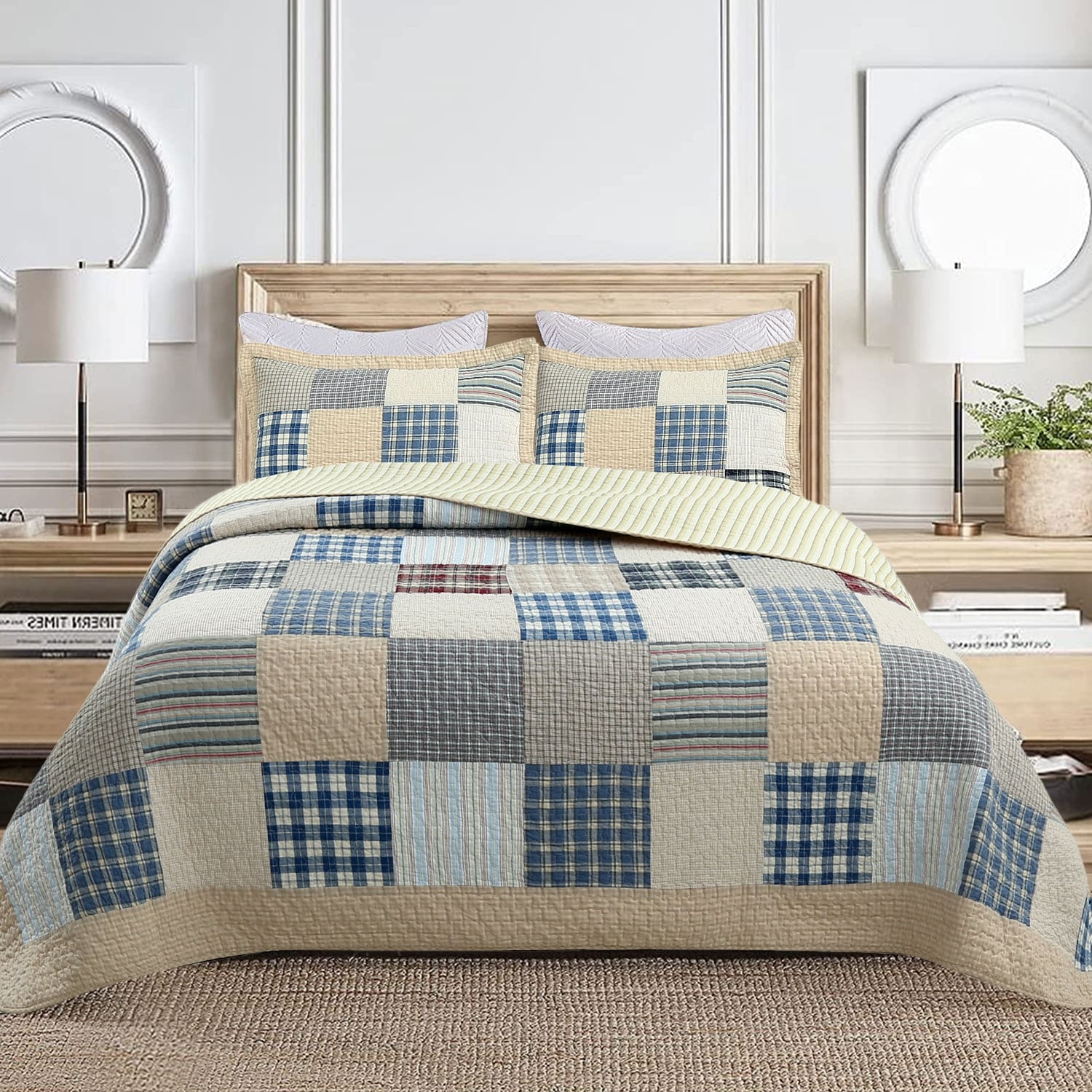 Cozy Line Tattersall Blue Tan Tartan Plaid Patchwork 3 Piece Quilt Bedding Set