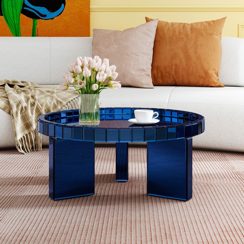 Round Glass Tray Top Coffee Table - Blue