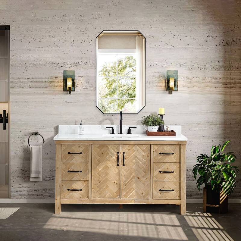 Javier Bath Vanity with Composite Stone Top without Mirror - 60in. - Antique Brown
