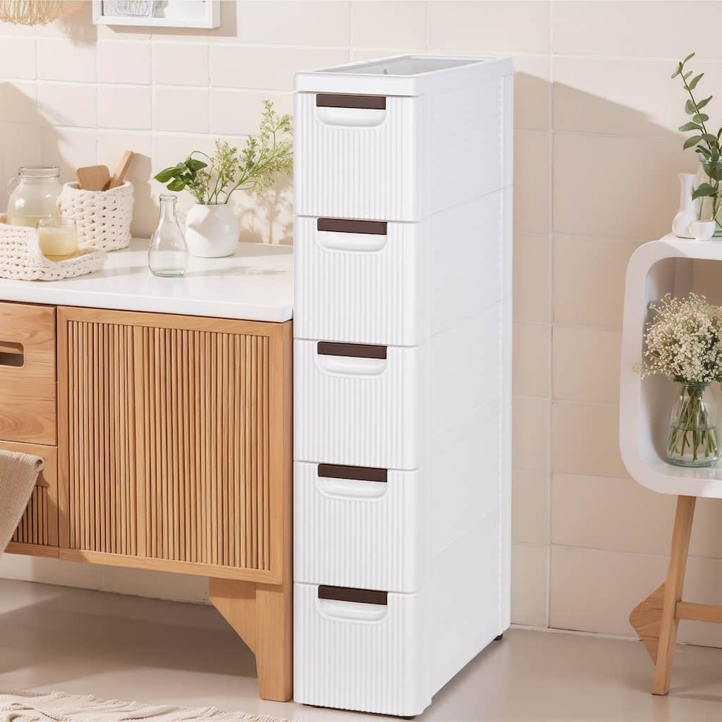 Javlergo White Stripe Narrow Storage Cabinet 3/4/5-Layer Rolling Bathroom Organizer with Drawers Wheels for Bathroom Living Room