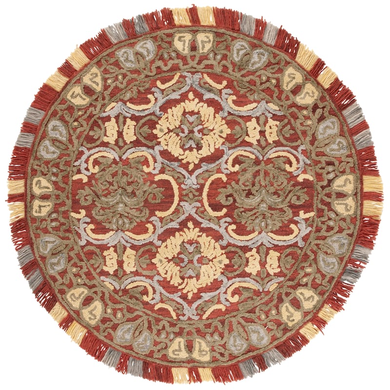 SAFAVIEH Handmade Blossom Parthenia Floral Wool Rug - 6' Round - Red/Gold - Round