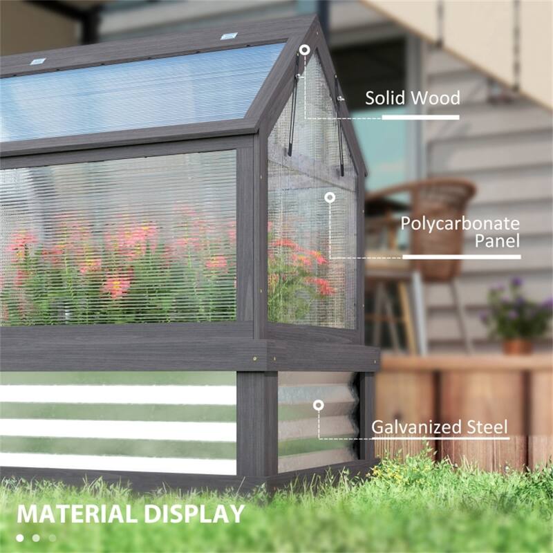 Grey-Silver Fir Wood Cold Frame Mini Greenhouse with Raised Garden Bed