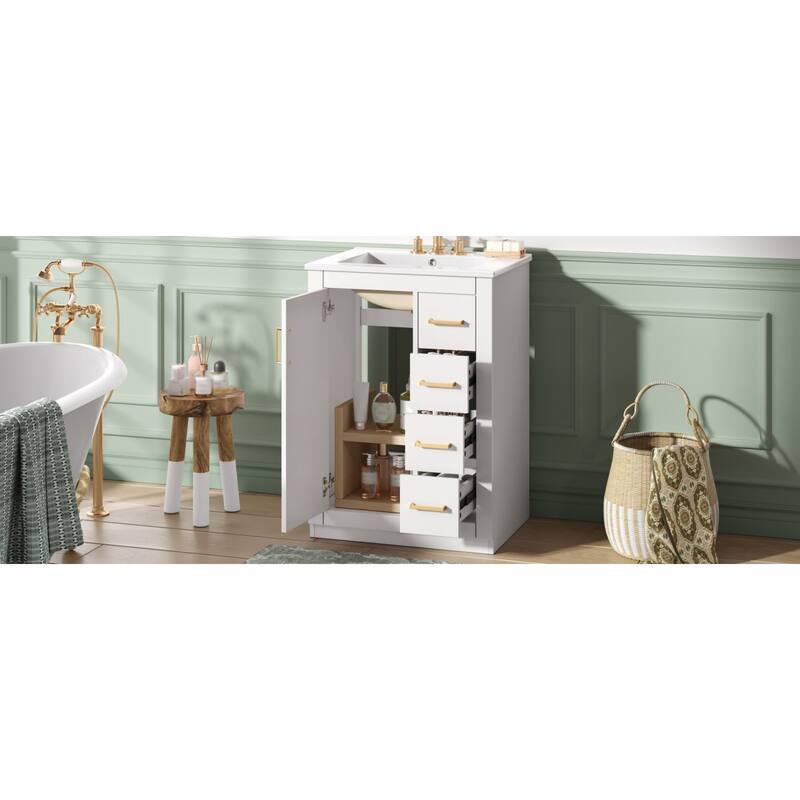 Roomfitters 24 Inch Bathroom Vanity with Integrated Ceramic Sink, Storage Cabinet with 3 Sliding Tiers & Soft Close Door