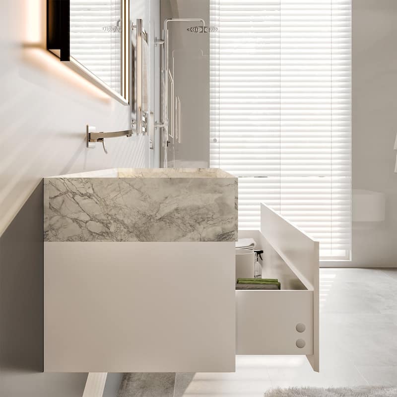 Eviva Fritti 36"W White Wall Mount Bath Vanity with Carrara Marble Top