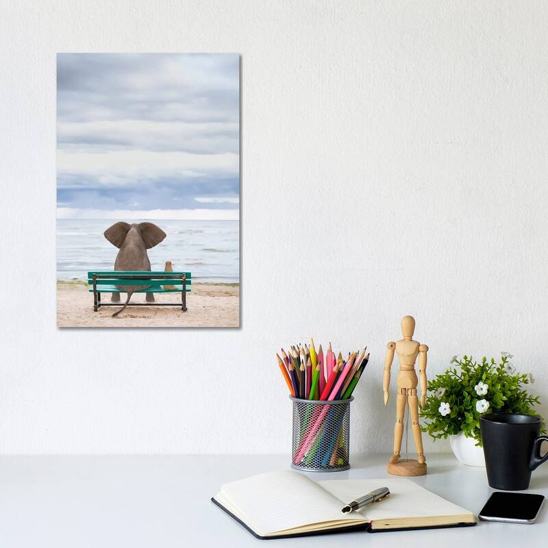 iCanvas "Elephant And Dog Sit On A Bench By The Sea II" by Mike Kiev Canvas Print - 12x8x0.75