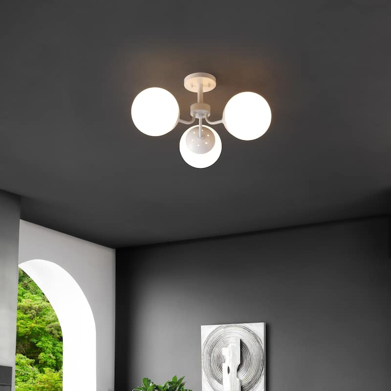 Ojai 23.5" 3-Light Bohemian Farmhouse Iron/Frosted Glass LED Semi Flush Mount, Brass Gold/White by JONATHAN Y