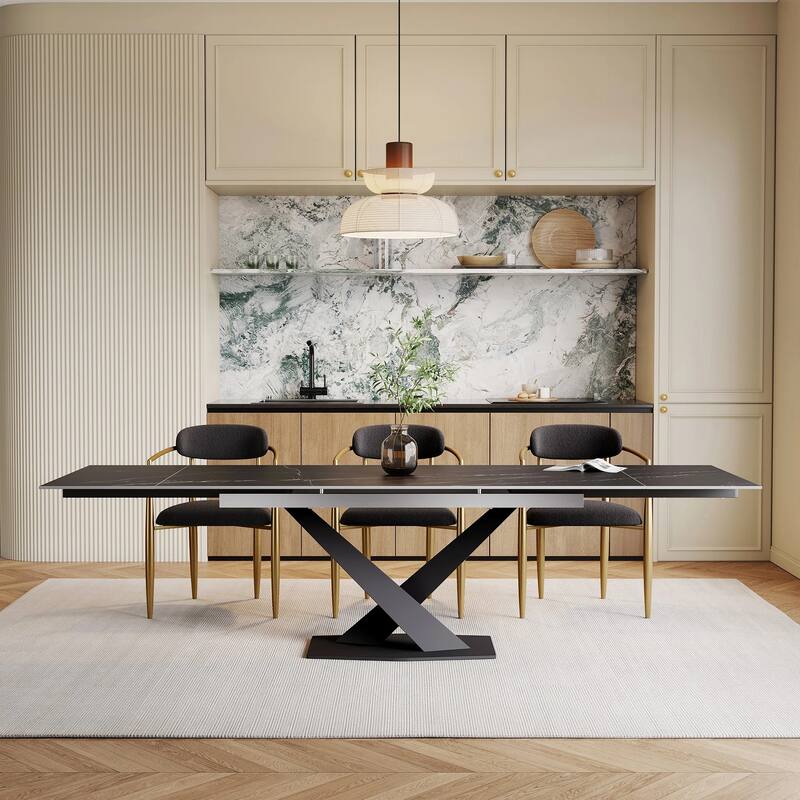9 - Piece 94.48'' Modern Minimalist Extendable Sintered Stone Top Dining Set with 8 Fabric Chairs