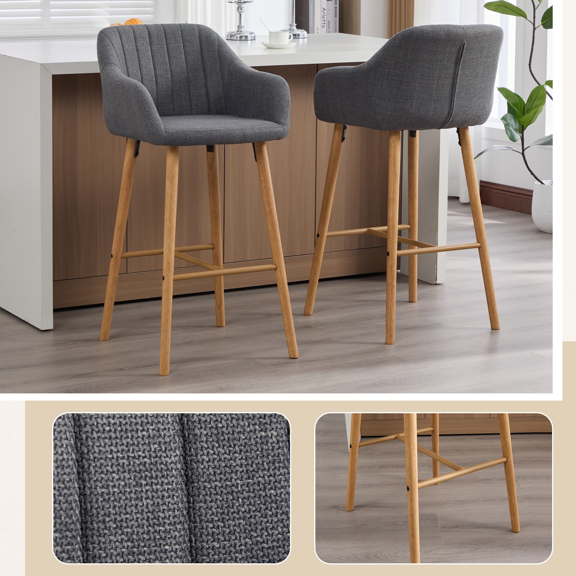 Modern Bar Stools Set of 2 with Back, Arm & Footrest, Linen Upholstered Kitchen Island Chairs