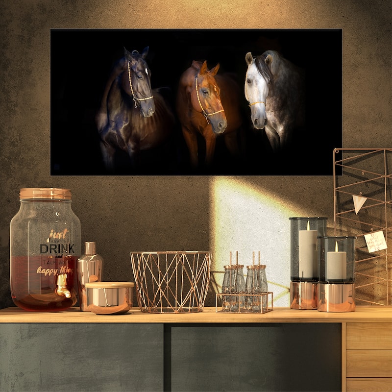 Designart "Three Horses with Golden Bridle" Animal Canvas Art Print - 32 in. wide x 16 in. high