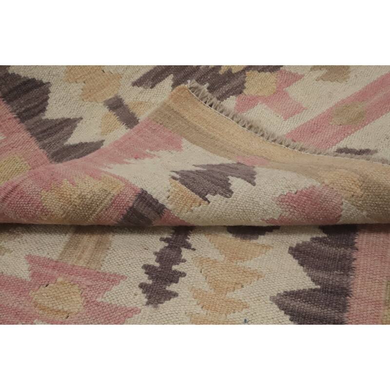 Hand Woven Oriental 100% Wool Carpet Southwestern Tribal Beige & Ivories Kilim Runner Rug - 12' 10'' X 2' 7''