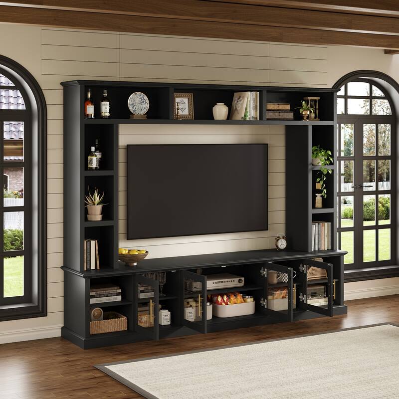 Entertainment Center Wall Unit for TVs up to 80", All-in-One TV Stand Glass Doors Storage Cabinet Bookcase Wine Rack