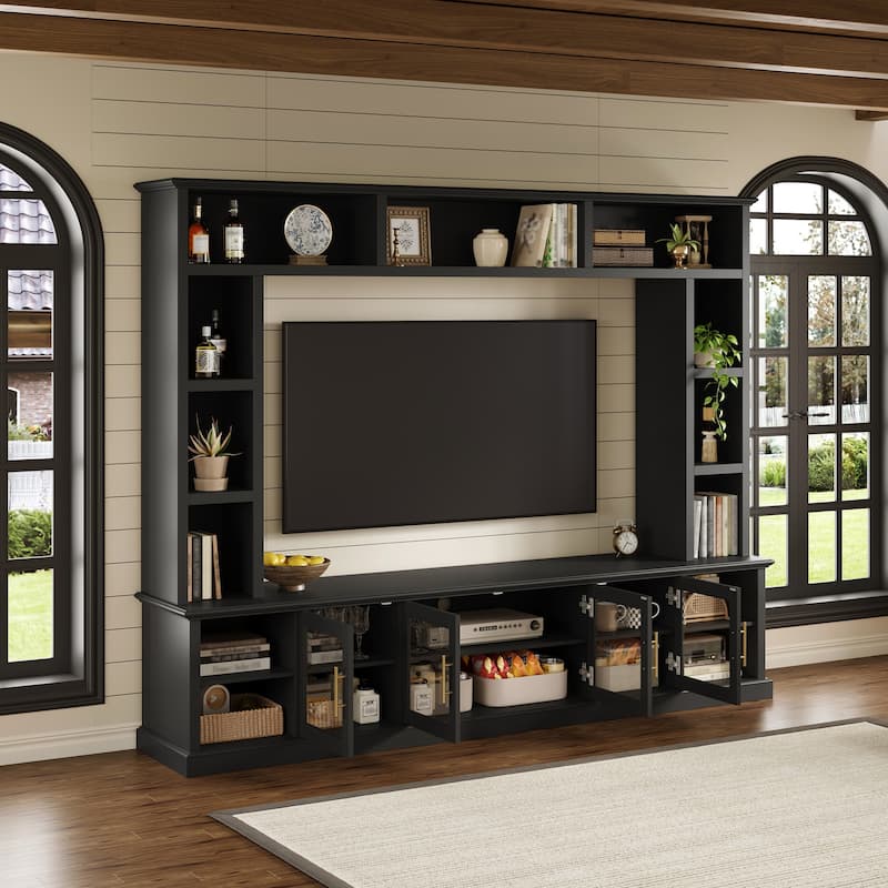Wall Unit Entertainment Center for TVs up to 80", All-in-One TV Stand with Bookshelves, Glass Doors, Media Console with Shelving