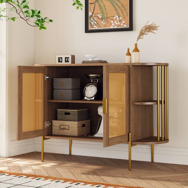 Curved Sideboard Rattan Buffet Storage Cabinet Side Cabinet, Natural