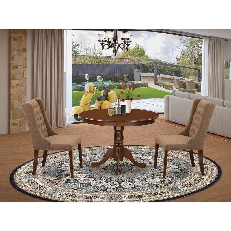 3-Piece Mahogany Finish Solid Wood Top - Button Tufted Dining Room Set - Seats 4