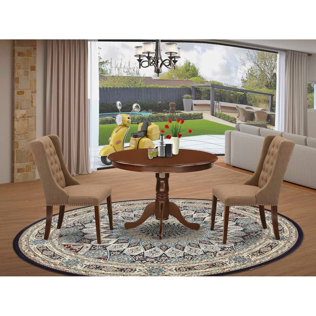 3-Piece Mahogany Finish Solid Wood Top - Button Tufted Dining Room Set - Seats 4