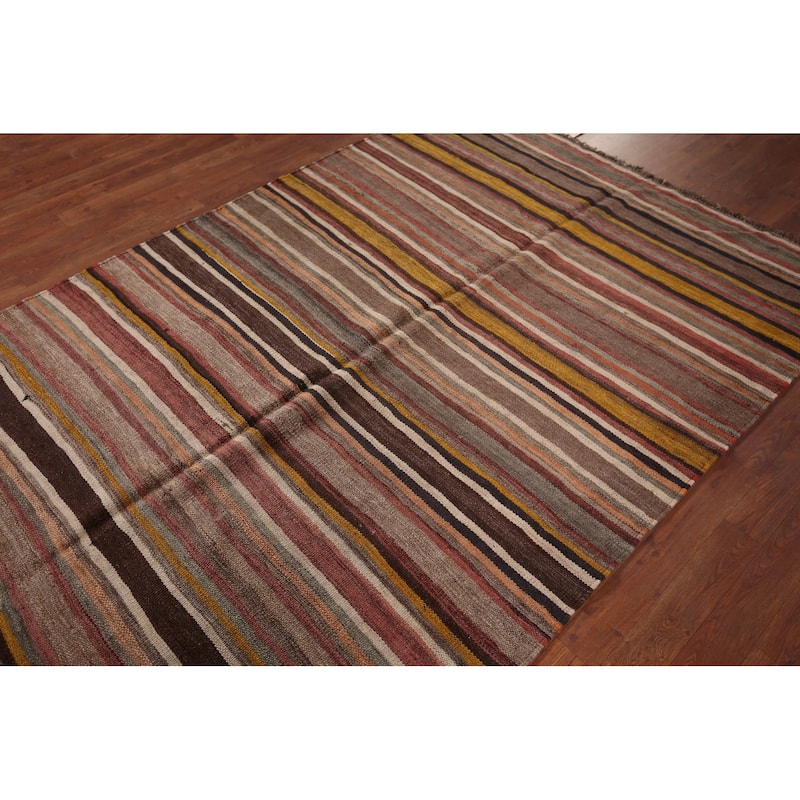 All-Over Striped Kilim Persian Area Rug Flatweave Wool Carpet - 4'11"x 7'0"