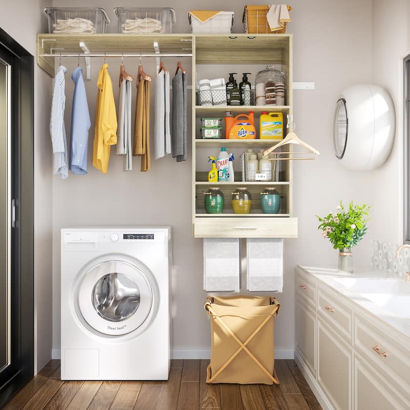 60'' Wall-mounted Closet System with Hanging Rods, Clothing Organizer with Tower Shelves for Laundry Room