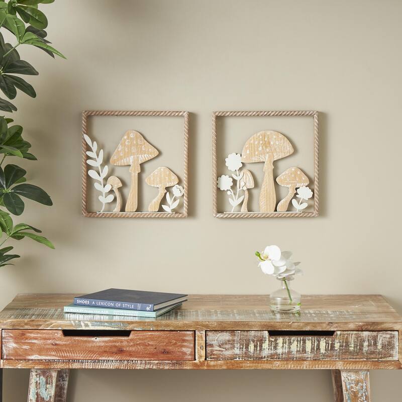 Wooden Mushroom Cutout Home Wall Decor with Carved Twisted Frame and White Floral Accents - Set of 2 Brown - Roche River Decor