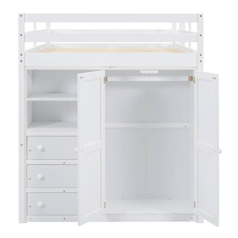 Full Size Loft Bed with Wardrobe, Desk, Storage Shelves, and Drawers in White