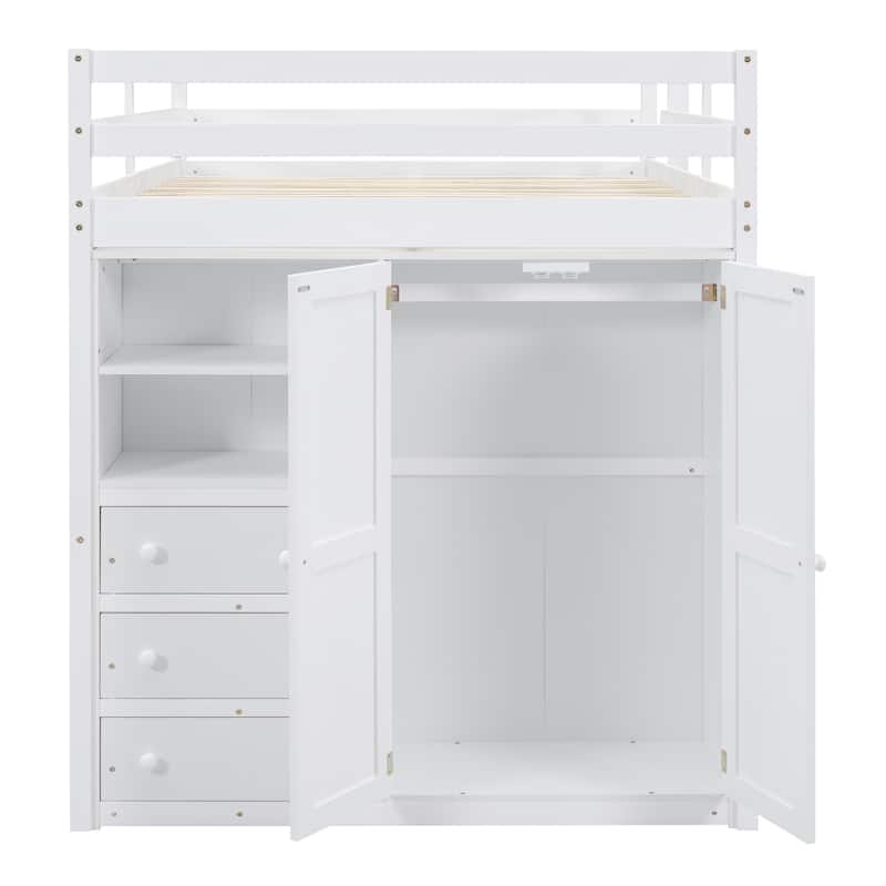 Full Size Solid Wood Loft Bed with Wardrobe, Desk, and Shelves