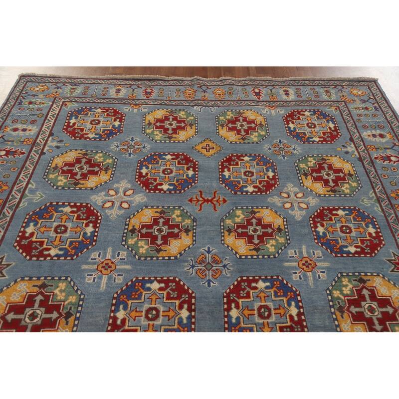 Hand Knotted Oriental 100% Wool Carpet Traditional All-Over Navy Blue & Blues Kazak Area Rug - 9' 8'' X 6' 9''