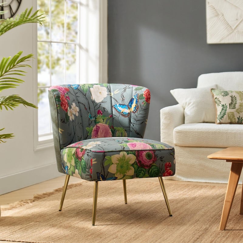 Amata Bold Patterned Tufted Side Chair with Goldtone Legs