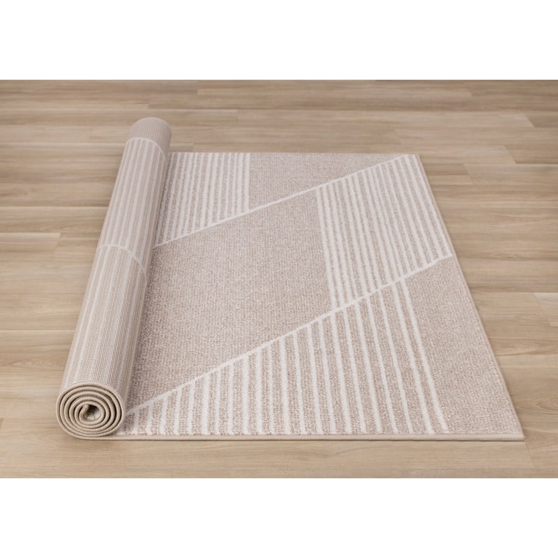 Beige Cream Diagonal Striped Design Rug