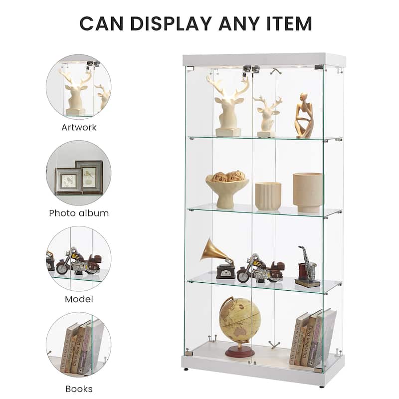 4-Tier Double Door Glass Display Cabinet with Locks and LED Lights, Tempered Glass Showcase for Collectibles and Storage