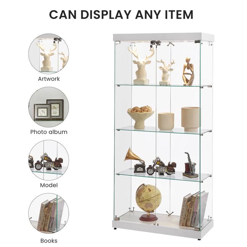 4-Tier Double Glass Door Display Bookshelf with Two Locks and 2 Lamp