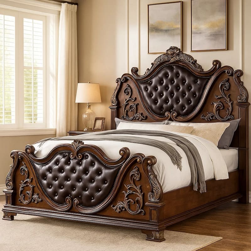 Prio Queen Bed with Carved Details, Brown Button Tufted Faux Leather