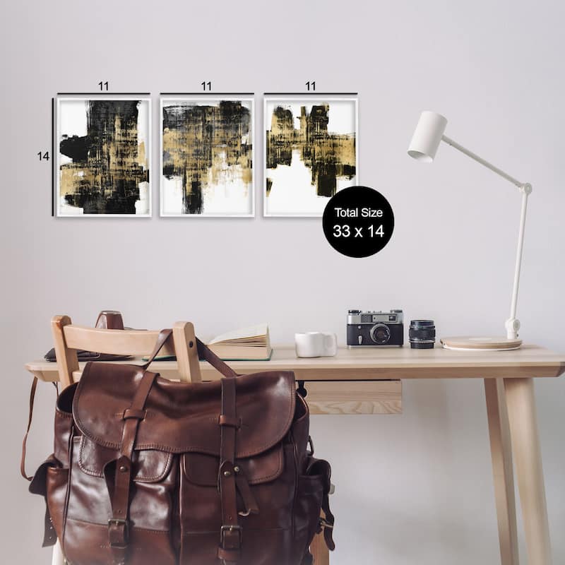Stupell Bold Black Brushstrokes Golden Distressed Accent, 3pc Multi Piece Framed Wall Art Set