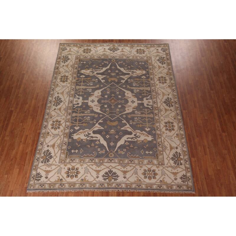 Gray Oushak Indian Rug Hand-Knotted Transitional Floral Wool Carpet - 9'1"x 11'7"