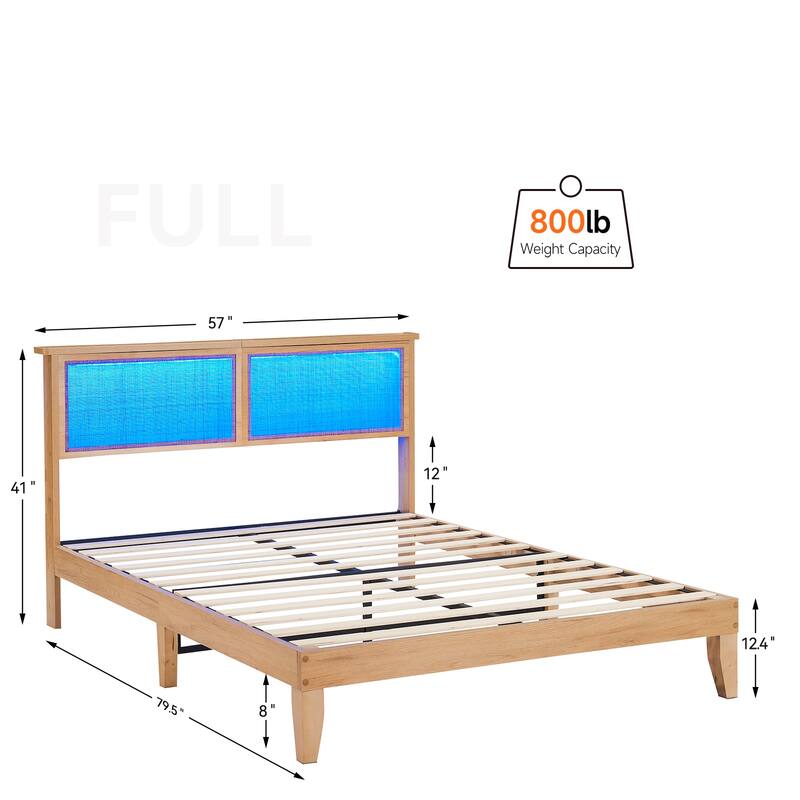 Bed Frame with Natural Rattan Headboard, LED Lights, No Box Spring Needed