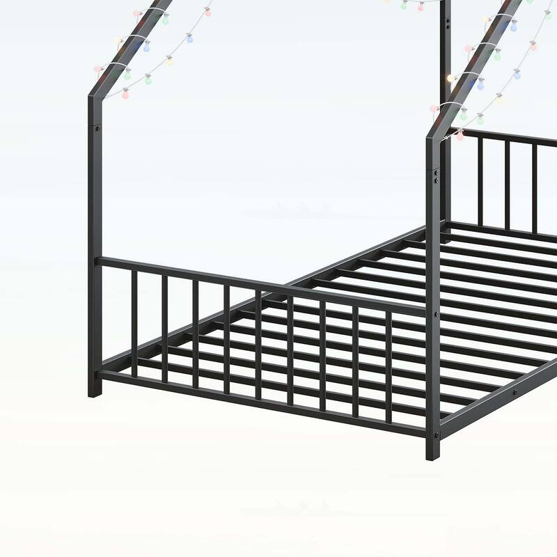 Platform Bed with LED light strips,roof-shaped iron frame,and low profile design for safety and style