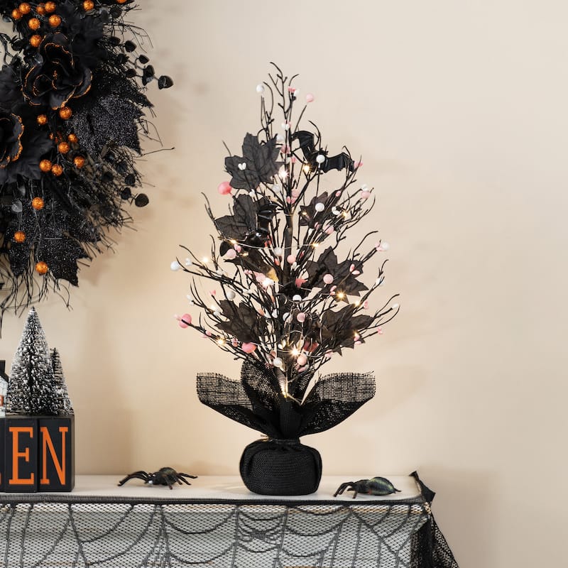 Glitzhome 20"H Pre-lit Halloween Trees with Pink and White Berries for Table Decor
