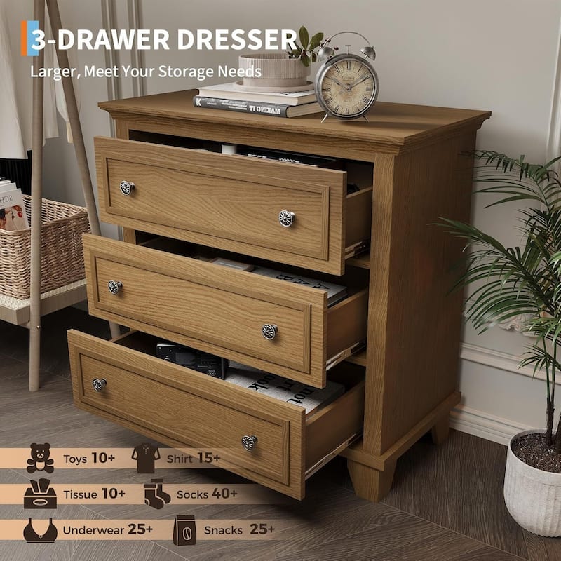 3 Drawer Dresser, Wooden Storage Chest of Drawers for Bedroom, Living Room, Hallway