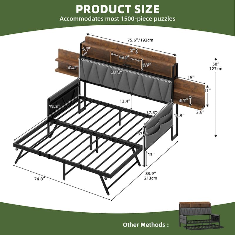 Twin Size Daybed with Trundle Heavy Duty Metal Frame RGB LED Lights Bookcase Headboard and Charging Station