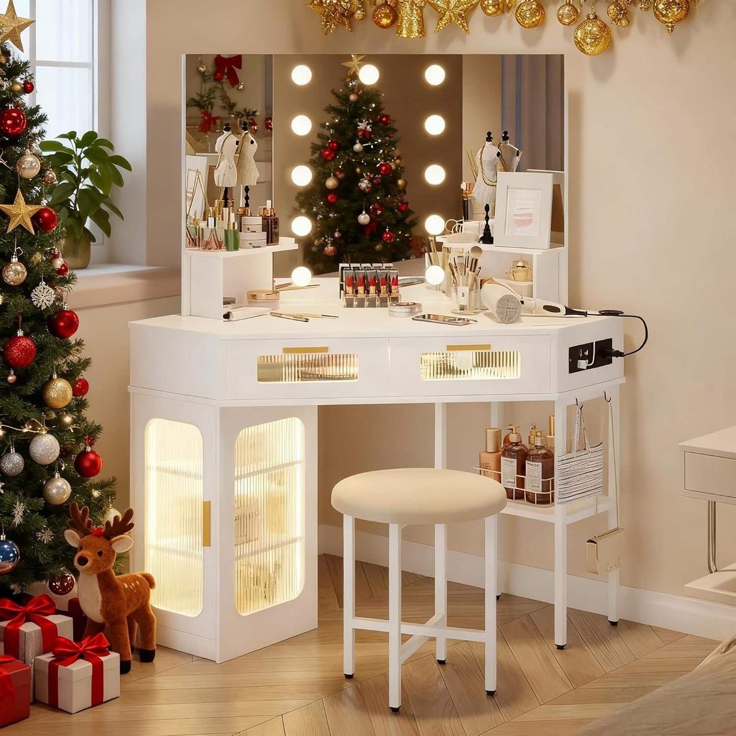 Corner Vanity Desk with Mirror, Lights, Charging Station, and Power Outlet