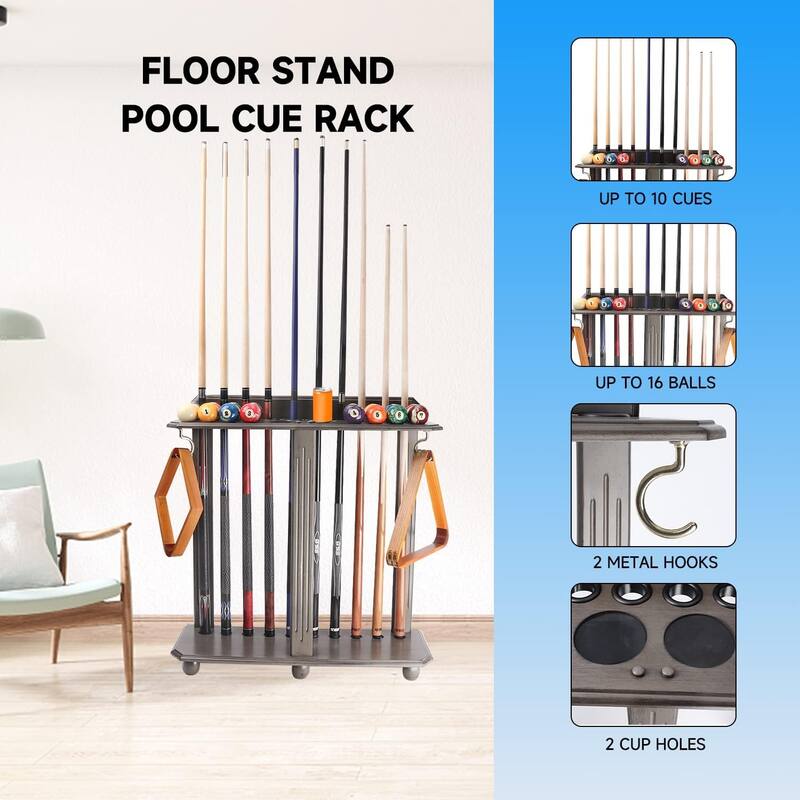 GSE™ 10-Pool Cue Wooden Billiard Pool Cue Rack. Floor Stand Pool Cue Stick Holder