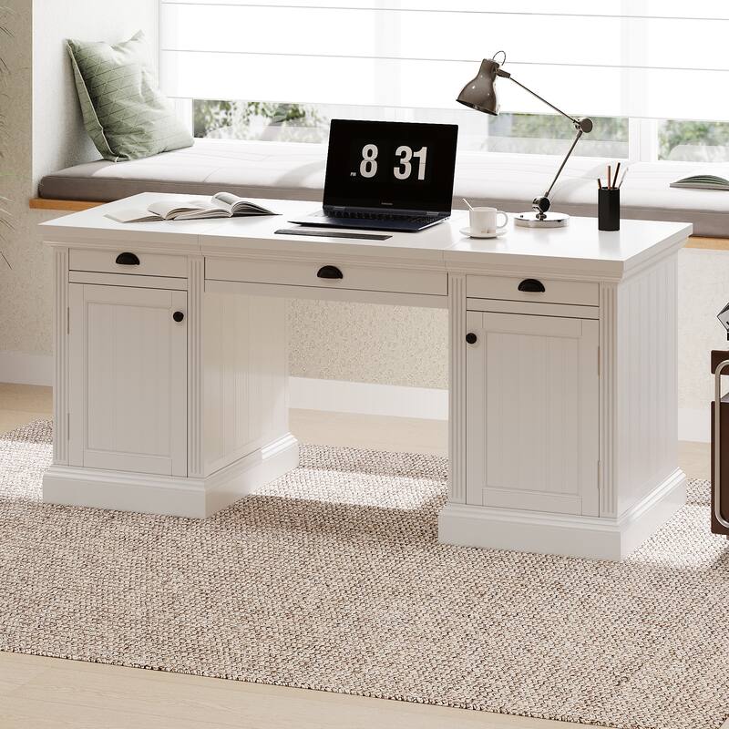 67-Inch Modern Executive Computer Desk with 2 Wooden Doors Storage Cabinet & 3 Drawers