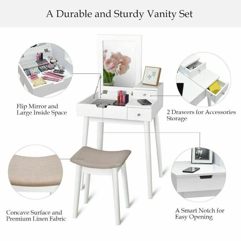 Costway Vanity Dressing Table Flip Desk Furniture Stool 2 White