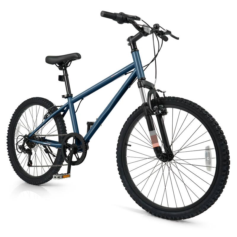 Metal Plastic Kids Mountain Bike with 6-Speed Shimano and Front Suspension - 24 Inch - Navy