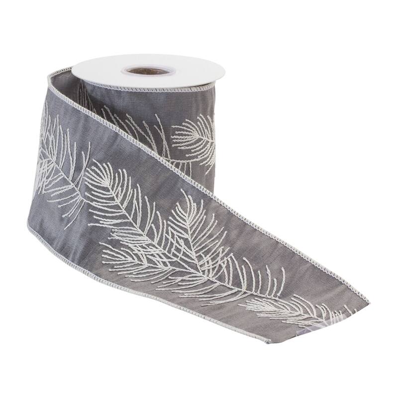 Pine Branch Christmas Wired Craft Ribbon - 4" x 5 Yards - Gray and White