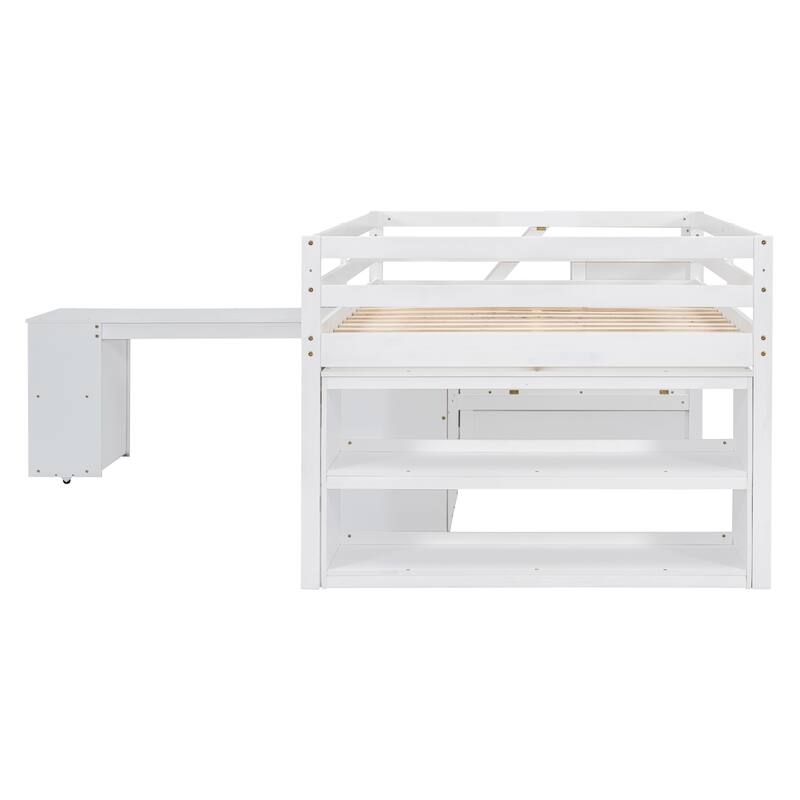 Pine Wood Bed Low Loft Bed with Retractable Writing Desk, 3 Drawers