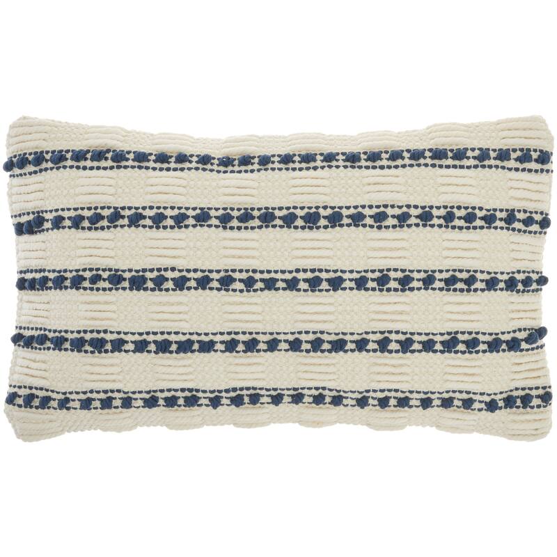 12" X 20" Ivory and Blue Striped Cotton Blend Throw Pillow With Texture
