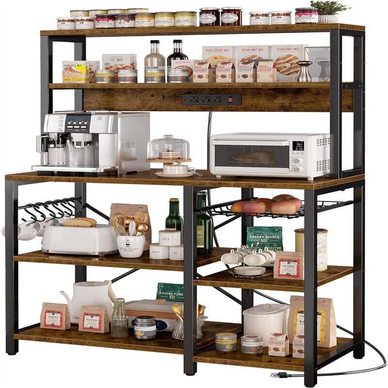 Bakers Rack with Power Outlet - 35.4"D x 15.6"W x 64"H - Rustic Brown