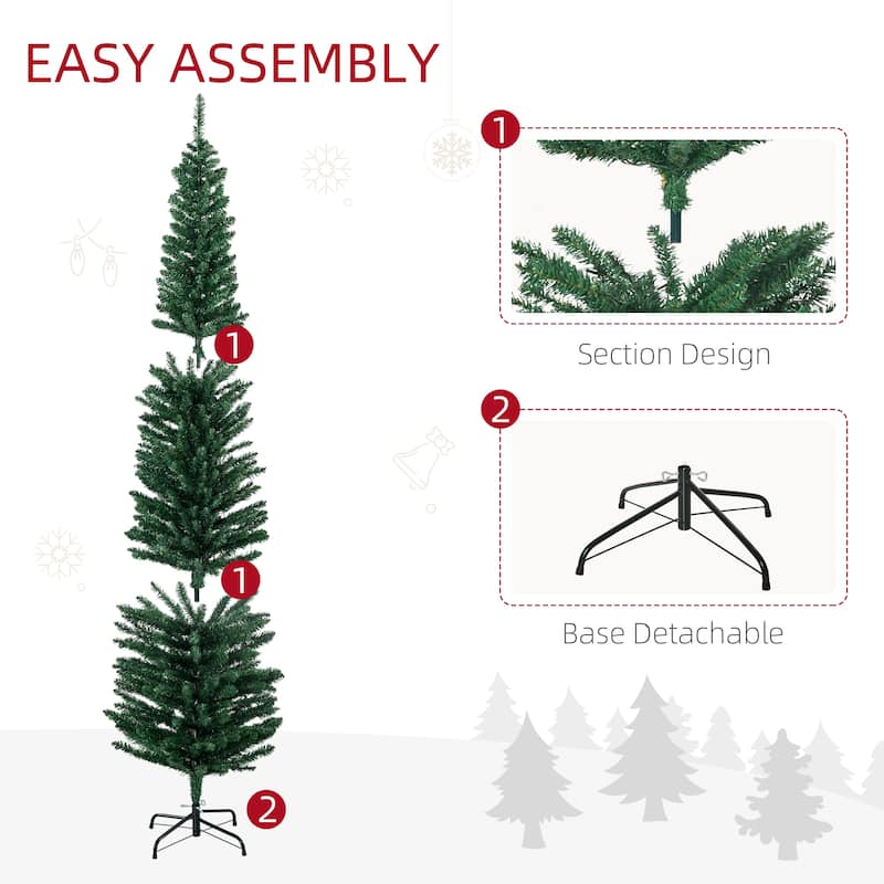 HOMCOM 7ft Tall Pencil Prelit Artificial Christmas Tree Holiday Décor with 499 Branches, 180 Colorful LED Lights, Steel Base