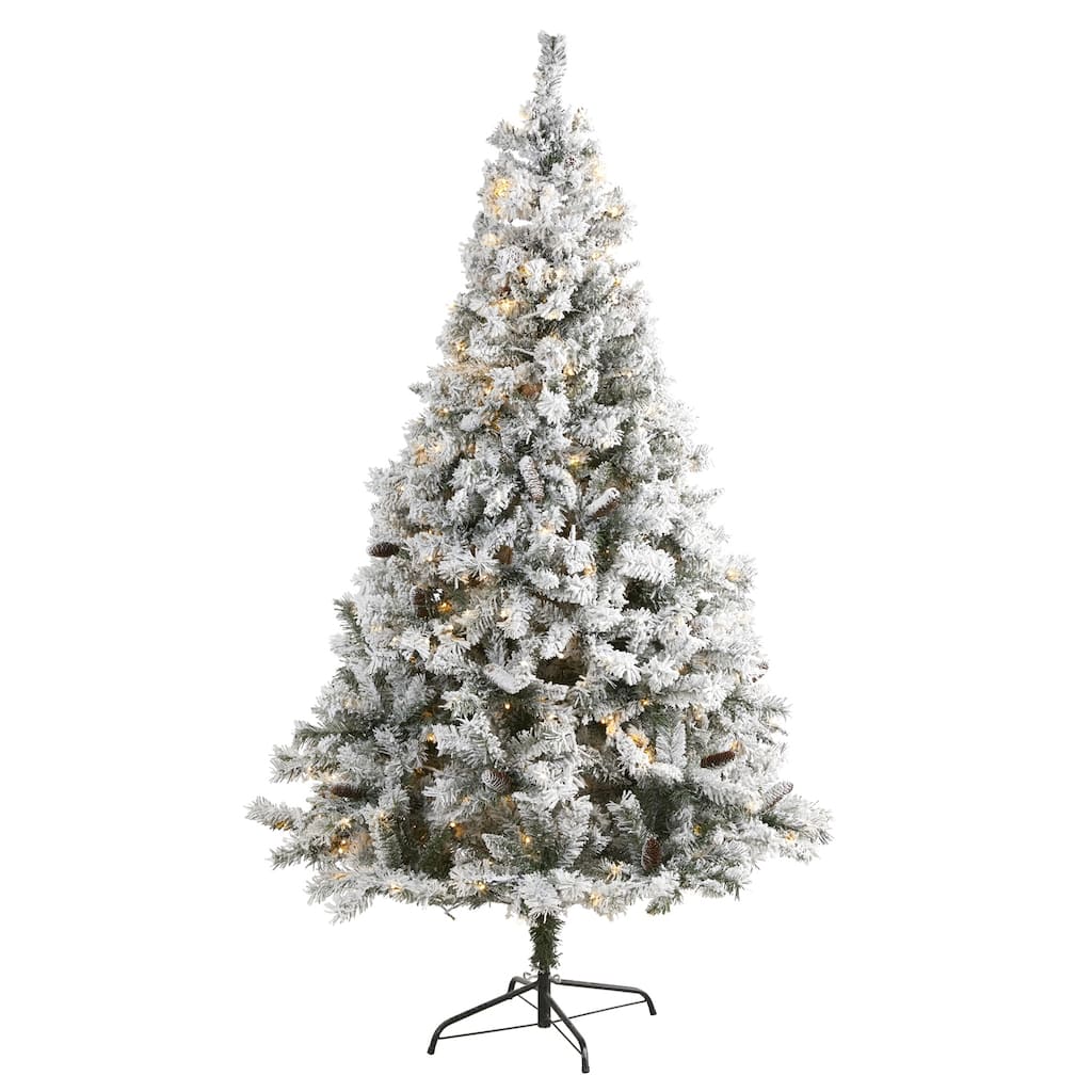 7ft Artificial Christmas Tree with Lights & Pinecones - Flocked Mountain Pine Holiday Decor - White - 84
