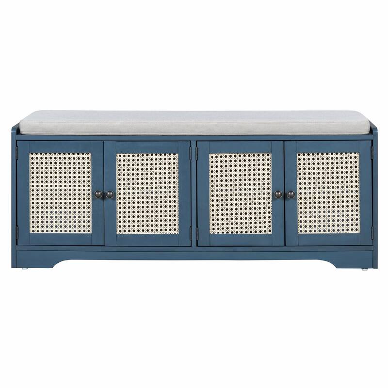 Rustic Storage Bench with Removable Cushion, Woven Rattan Doors & Adjustable Shelves